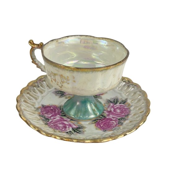 Vintage Lusterware Gilded Fine China Pearlized Tea Cup Reticulated Saucer Japan - Picture 4 of 9